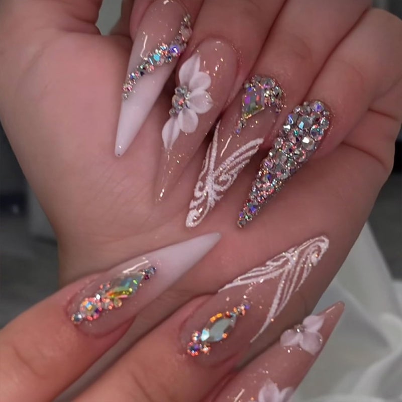 SINHOT Stiletto Press on Nails Long Fake Nails Glossy Glue on Nails Luxury Rhinestones Acrylic Nail White Bling Glitter Almond Artificial Nail Stick on False Nail with Design 24pcs - Image 2